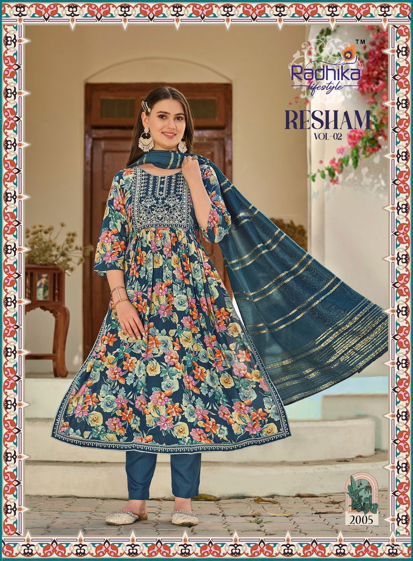 Resham Vol 2 By Radhika Naira Cut Printed Embroidery Kurti With Bottom Dupatta Wholesale Online